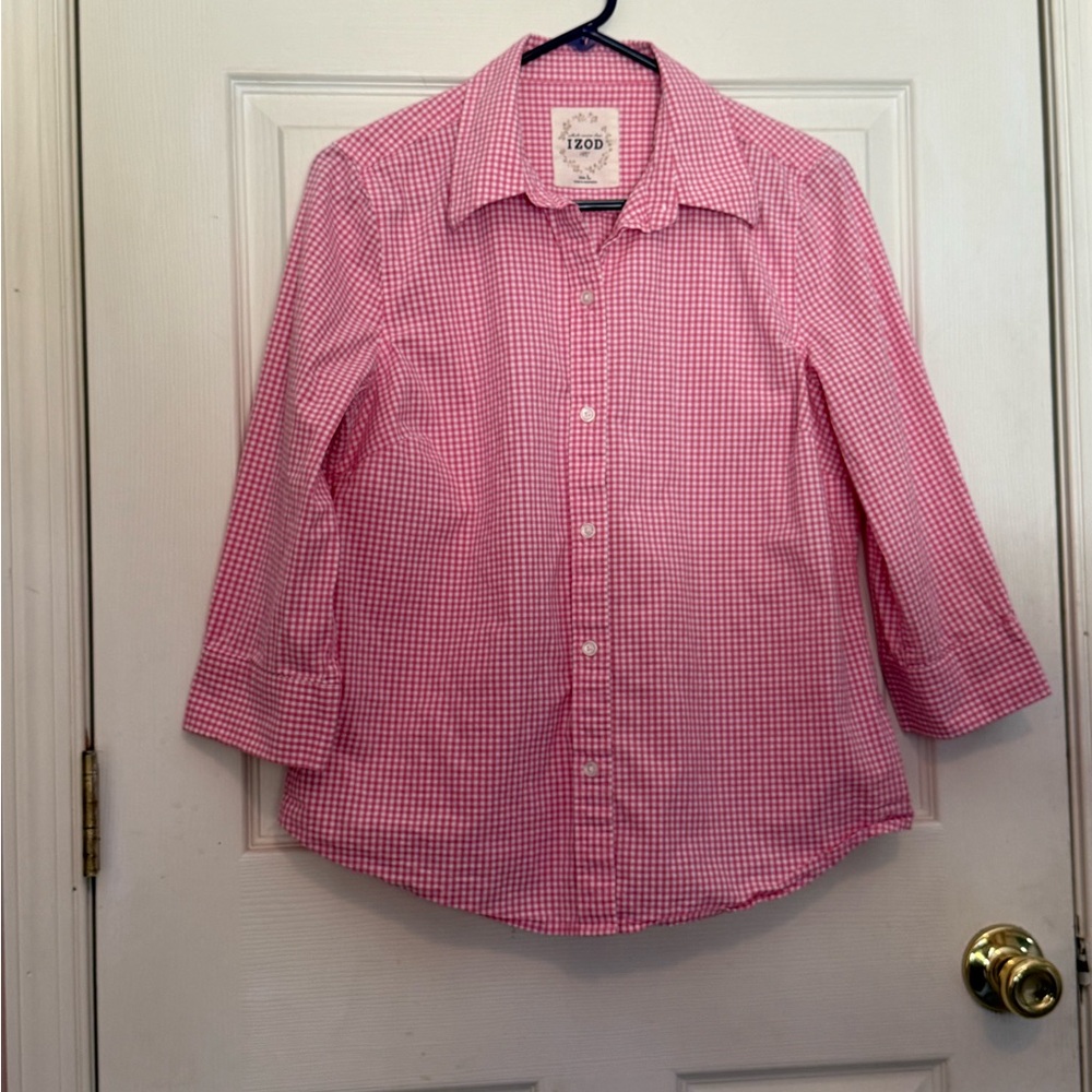 IZOD Vintage Pink Checkered Women’s Three Quarter Length Sleeve Shirt Size Large